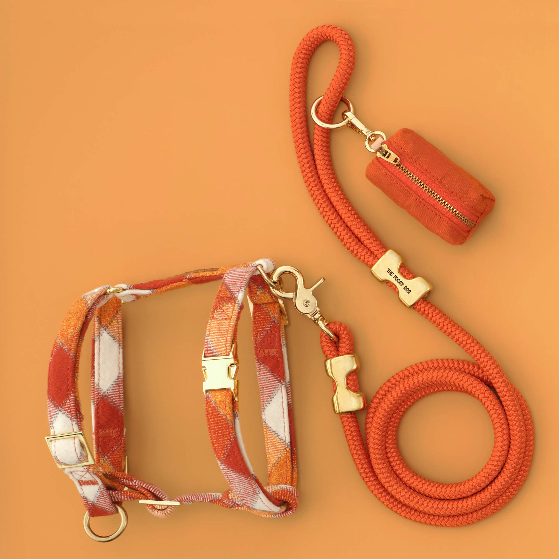 Pumpkin Spice Plaid Flannel Harness Walk Set from The Foggy Dog