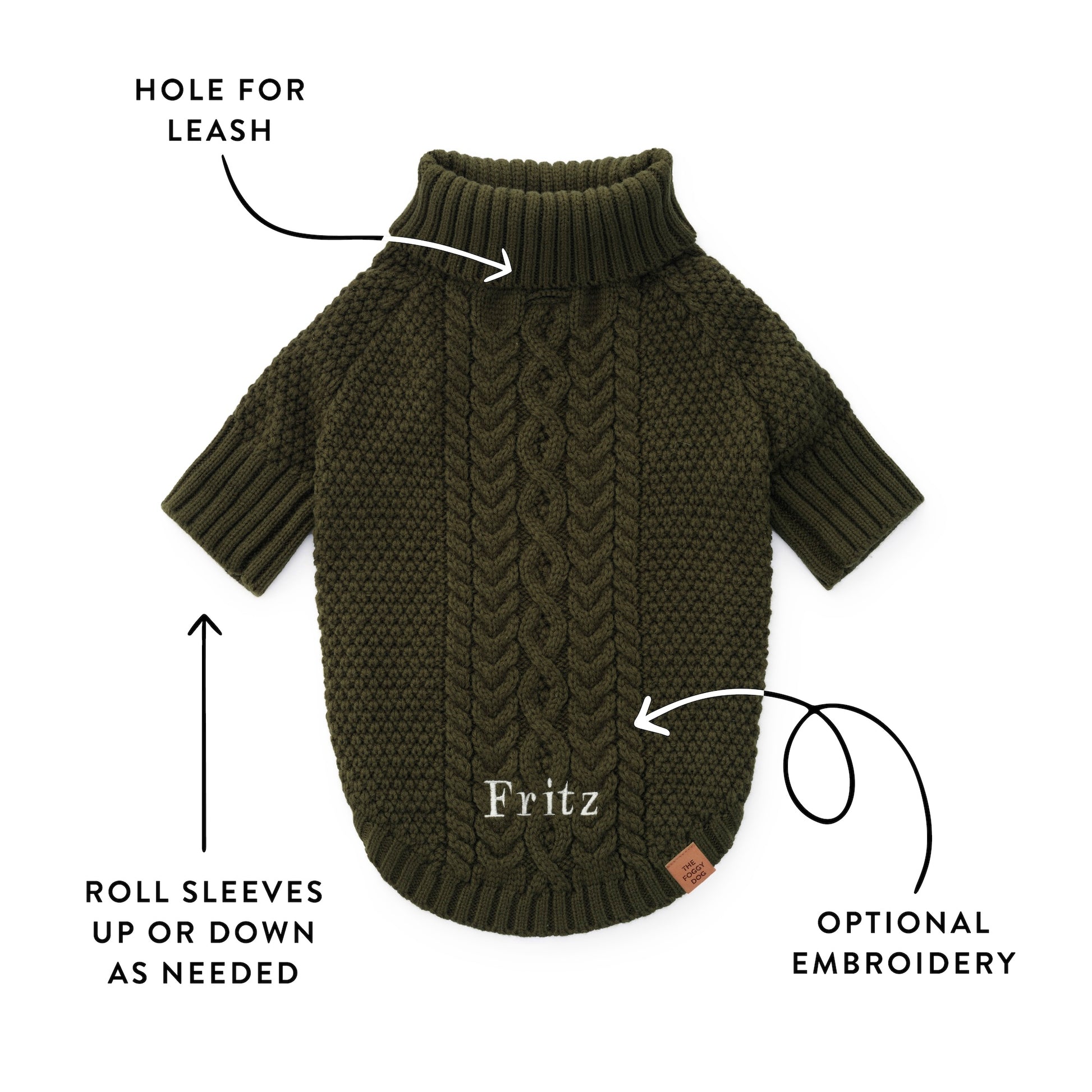 Olive Cable Knit Dog Sweater from The Foggy Dog