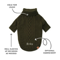 Olive Cable Knit Dog Sweater from The Foggy Dog