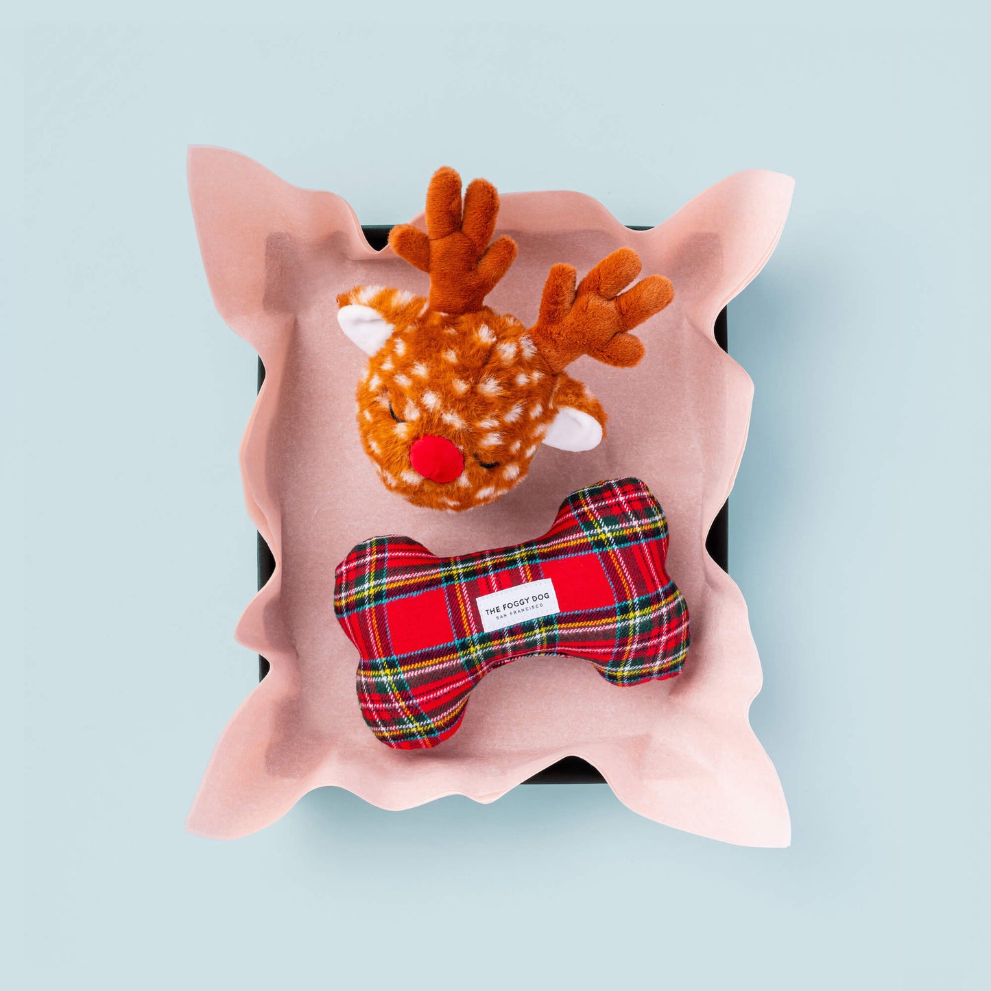 Reindeer 2-in-1 Bounce Dog Toy and Tartan Plaid Flannel Squeaky Toy from The Foggy Dog