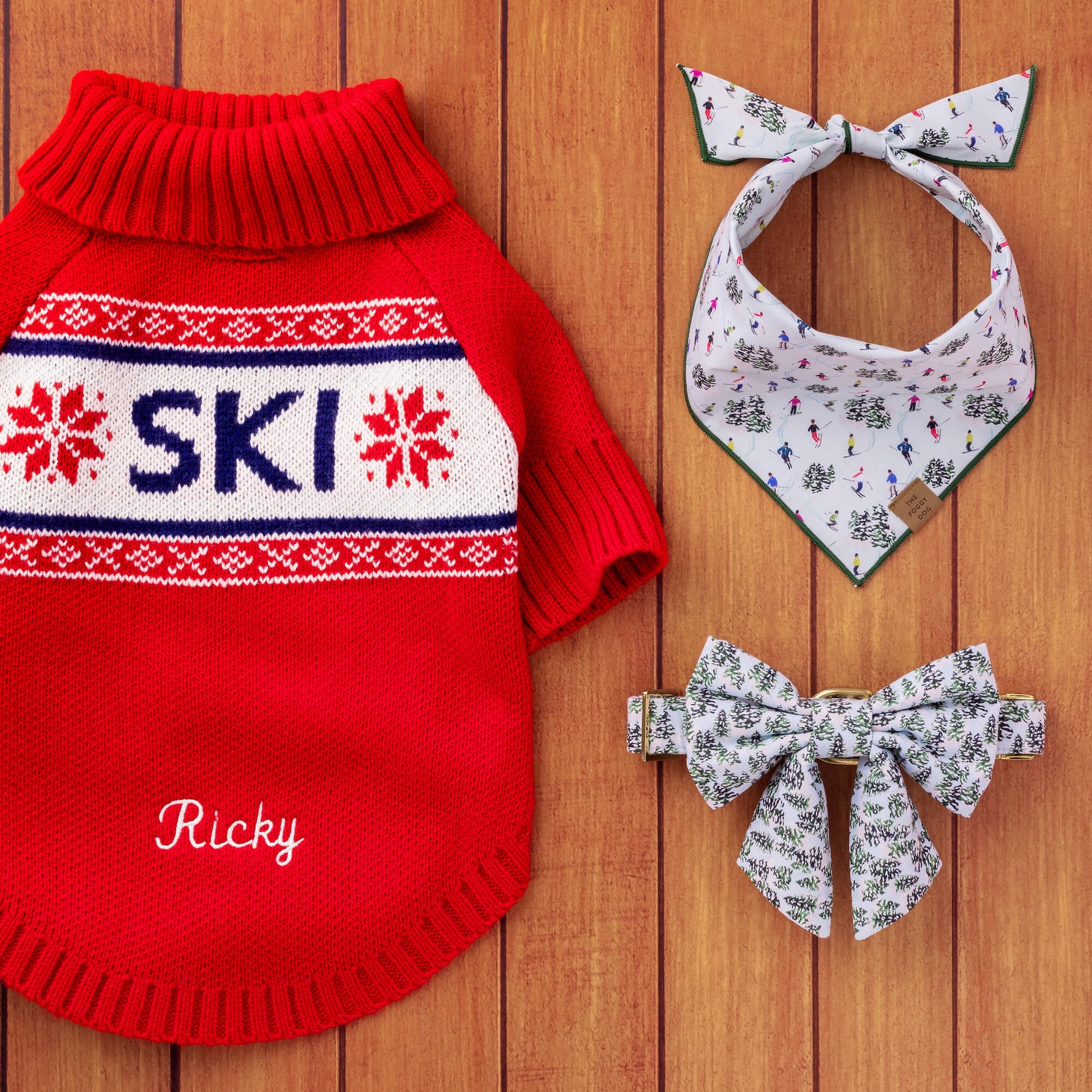 Gray Malin x TFD Après Ski Dog Sweater, Powder Day Bandana, Snowy Pines Lady Bow Collar from The Foggy Dog