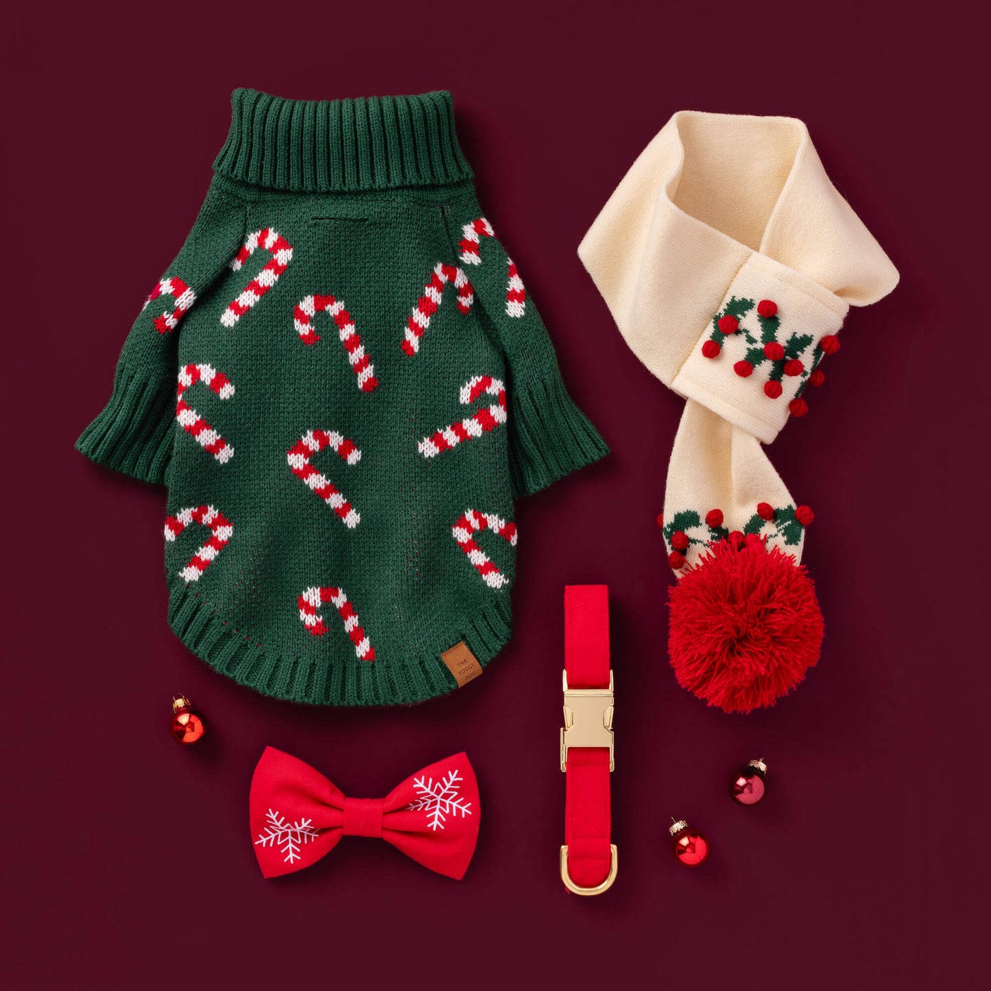 Candy Canes Dog Sweater, Holly Bobble Knit Scar, Snowflakes Embroidered Bow Tie Collar, Ruby Collar from The Foggy Dog