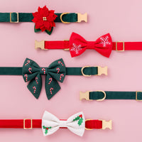 Poinsettia Collar Flower, Snowflakes, Candy Canes, and Holly Embroidered Bow Tie Collars and Lady Bow Collars from The Foggy Dog