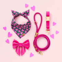 Lovestruck Dog Bandana, Hot Pink Velvet Lady Bog Collar, Hot Pink Leash, and Heart ID Tag from The Foggy Dog