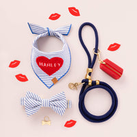 Heart Applique Dog Bandana, Lake Blue Stripe Bow Tie Collar, Ocean Marine Rope Leash, Bone ID Tag, and Ruby Waste Bag from The Foggy Dog