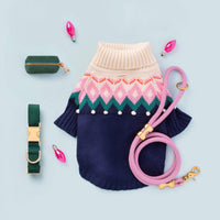 Fair Isle Bobble Sweater, Orchid Leash, Evergreen Collar and Waste Bag from The Foggy Dog