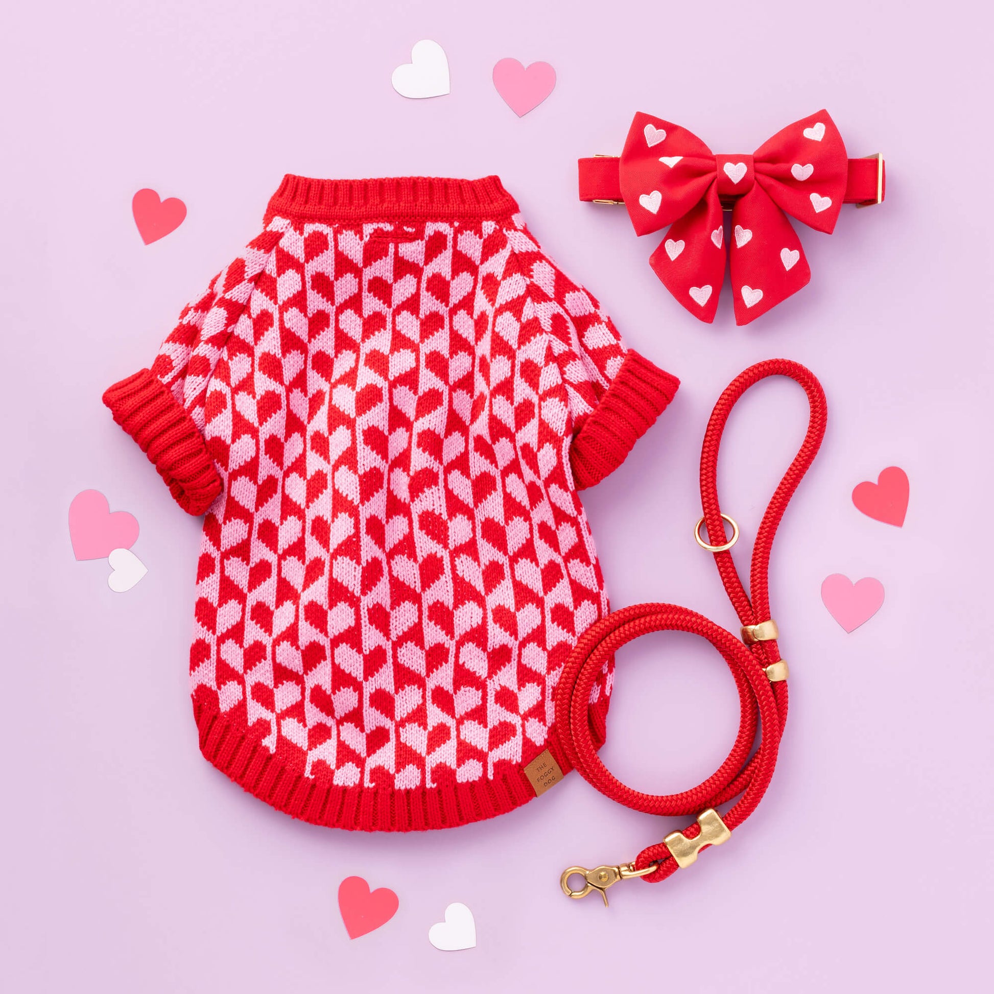 Heart Stripe Sweater, Hearts Embroidered Lady Bow Collar, Ruby Leash from The Foggy Dog