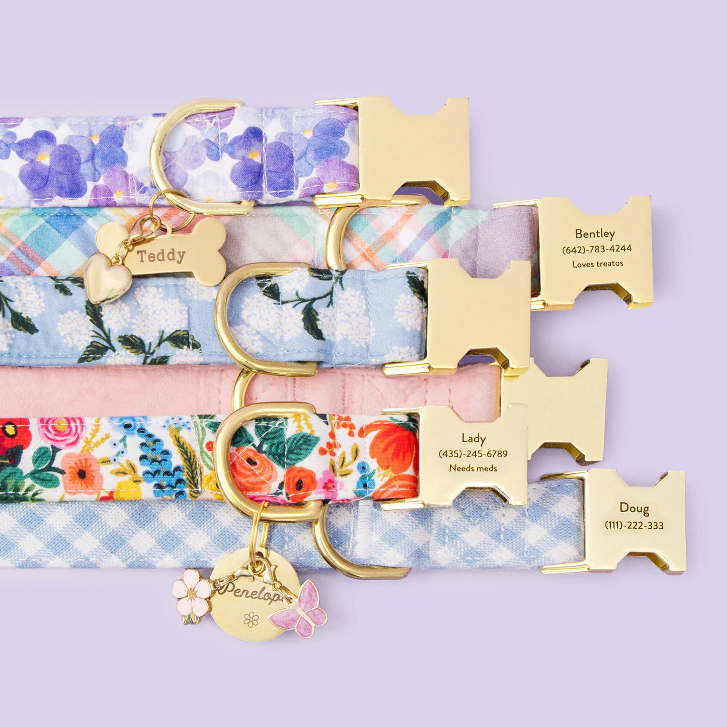 Pressed Pansies, Blooming Plaid, Hydrangea, Blush Pink Velvet, Garden Party, Sky Blue Gingham Dog Collar, Bone ID Tag, Heart of Gold Charm, Sakura Charm, and Butterfly Charm from The Foggy Dog